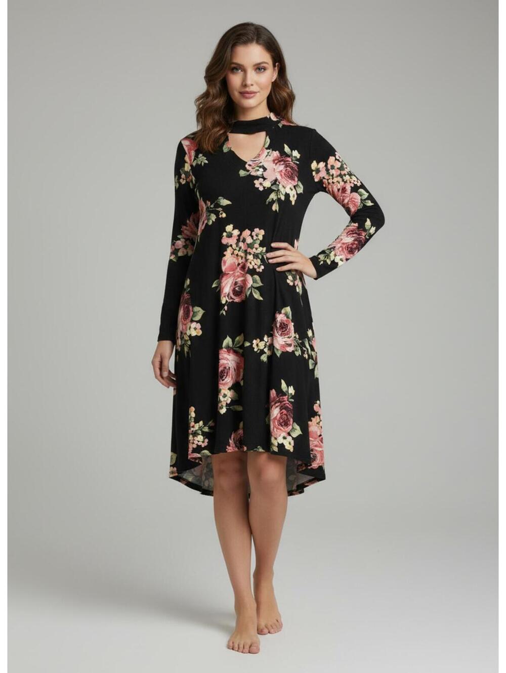 Oddi Black Floral High-Low Dress with Keyhole Neckline SZ Medium